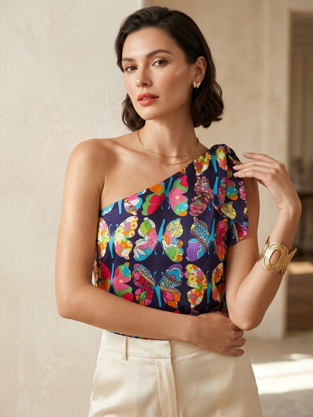 Lilly Pulitzer Silk One Shoulder Bow Top Butterfly Print Size 2